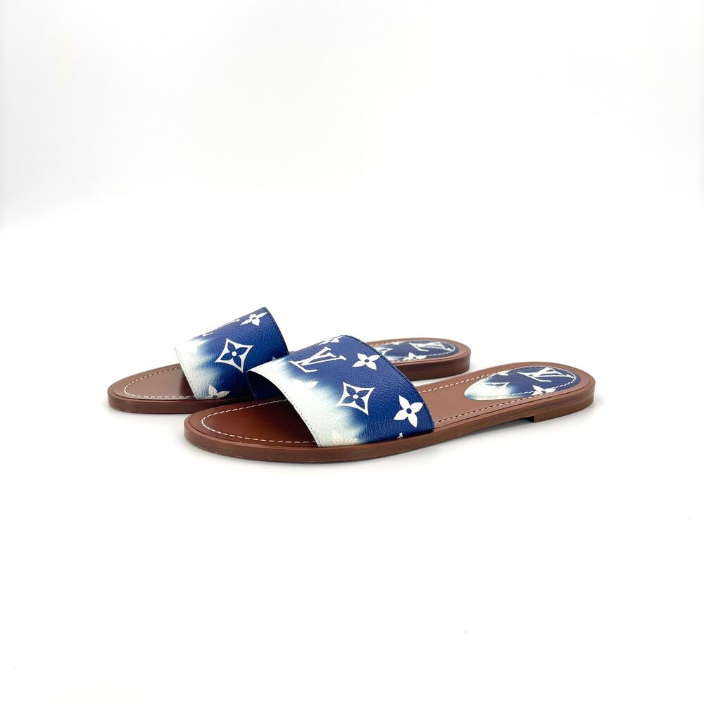 Louis Vuitton Escale Lock It Blue Monogram Slides Mule Flats 37.5